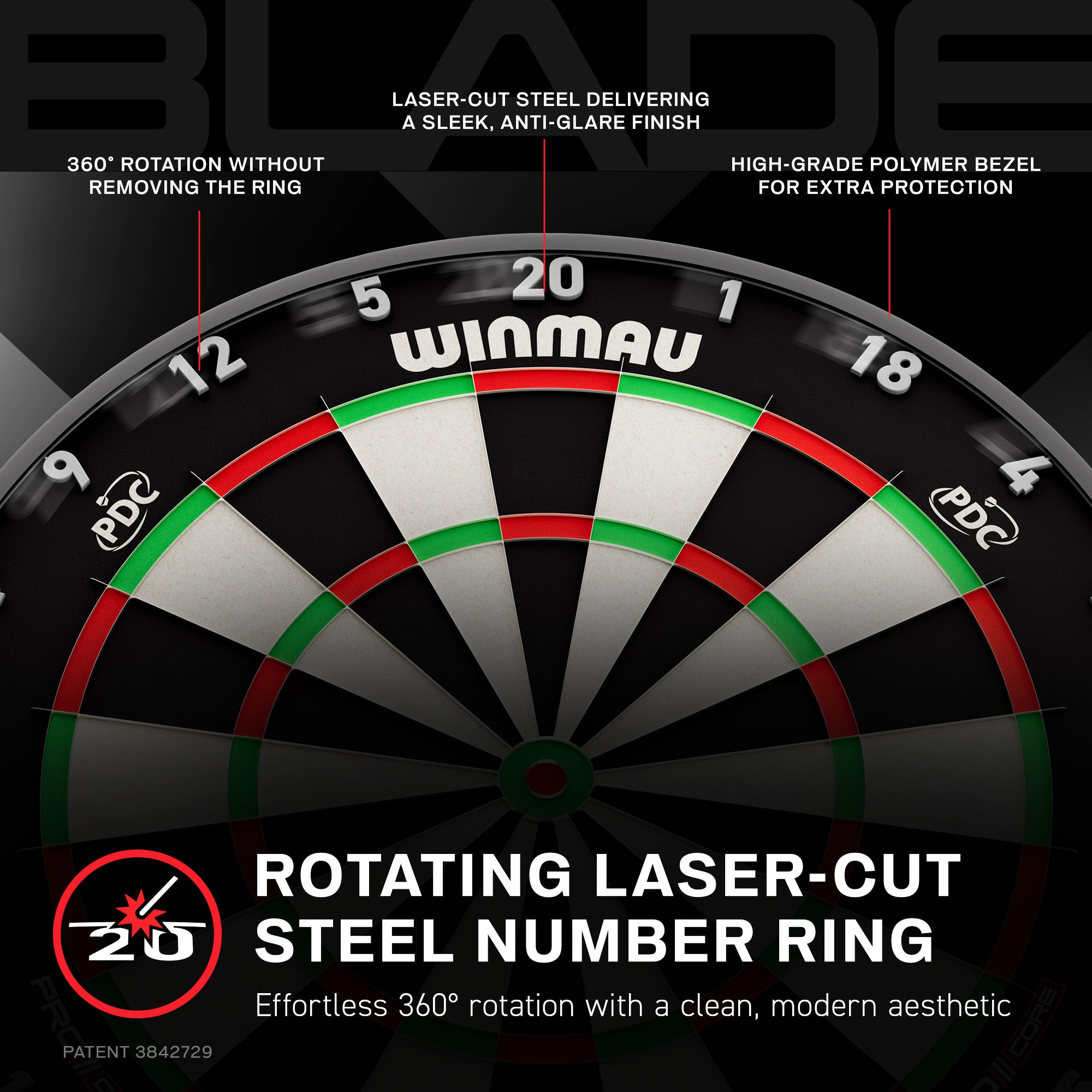 Winmau Blade X dartboard number ring technology on black background