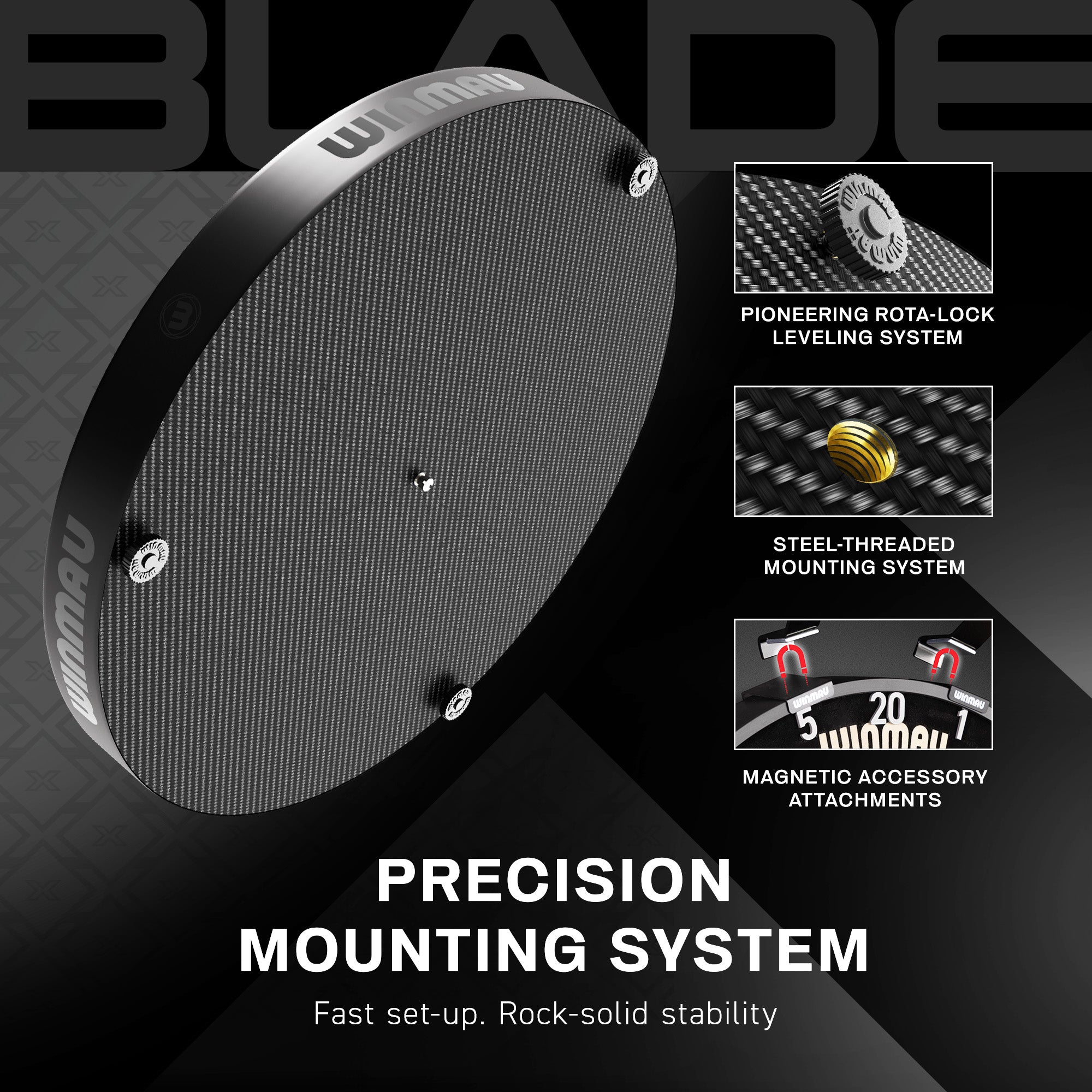 Winmau Blade X dartboard mounting system  on black background