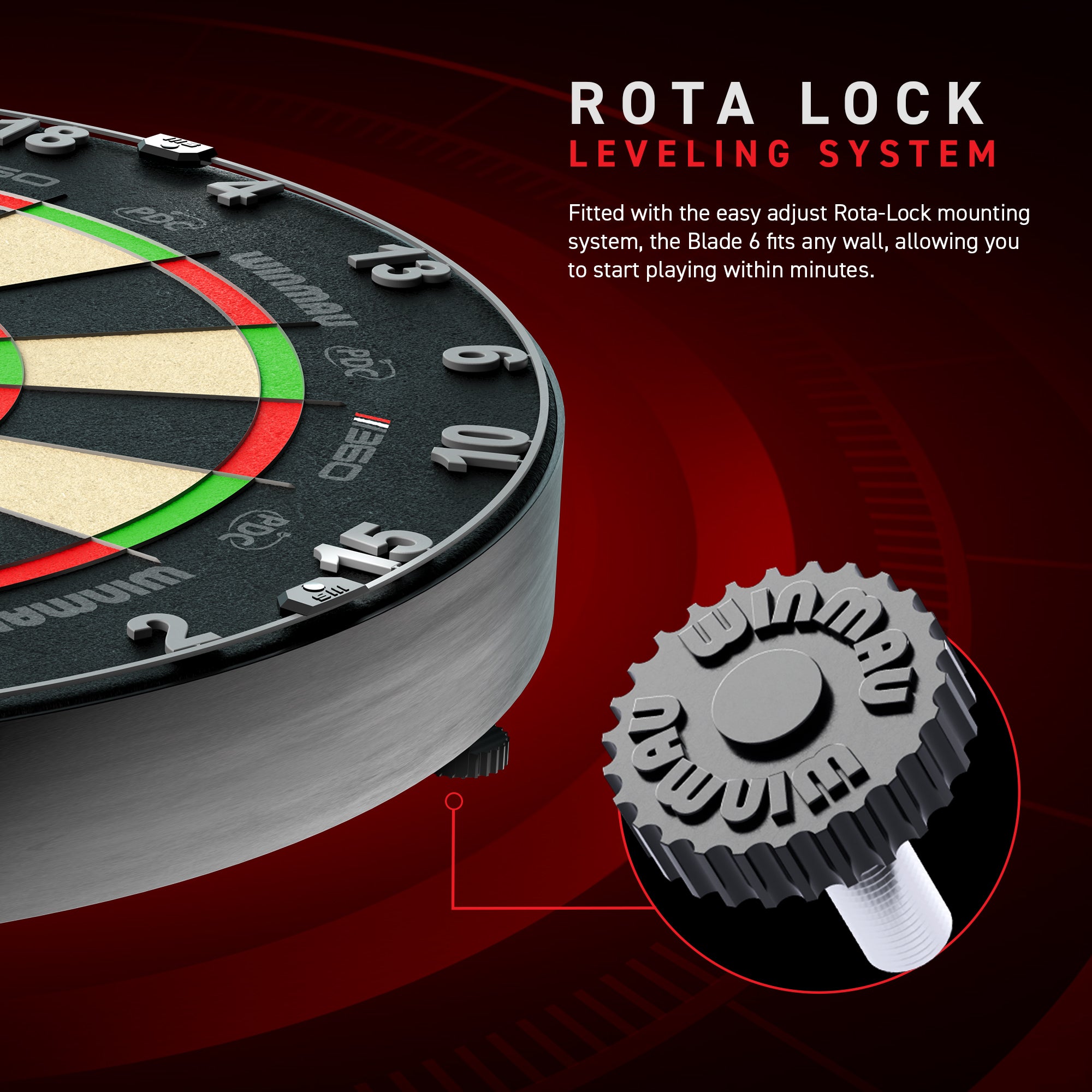 Dartboard with Rota Lock leveling system on a red background