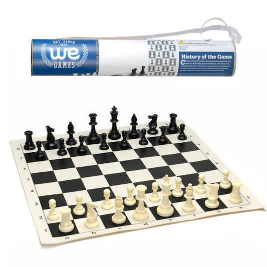 Roll up Travel Chess Set in Carry Tube w/Shoulder Strap showing the board and chess pieces.