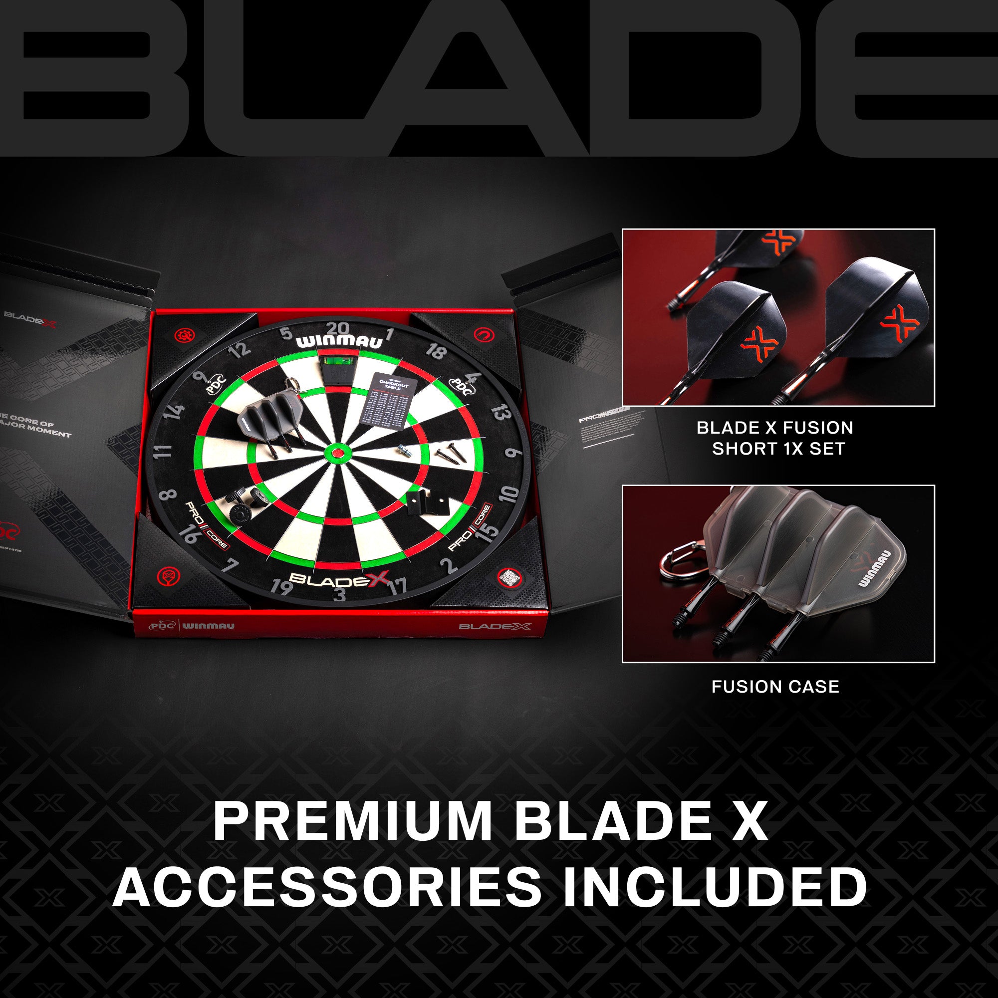 Winmau Blade X dartboard accessories that are included on black background