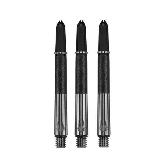 Three Carbon T1 Pro Silver Shafts with silver accents on a white background in medium length