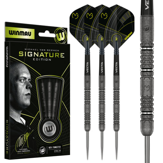 Winmau Michael van Gerwen Signature Edition darts with packaging on a white background
