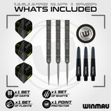 Winmau dart set with darts, shafts, flights, and point protector on a white background