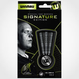 Winmau Michael van Gerwen Signature Edition darts packaging with a portrait of the player on a black background.