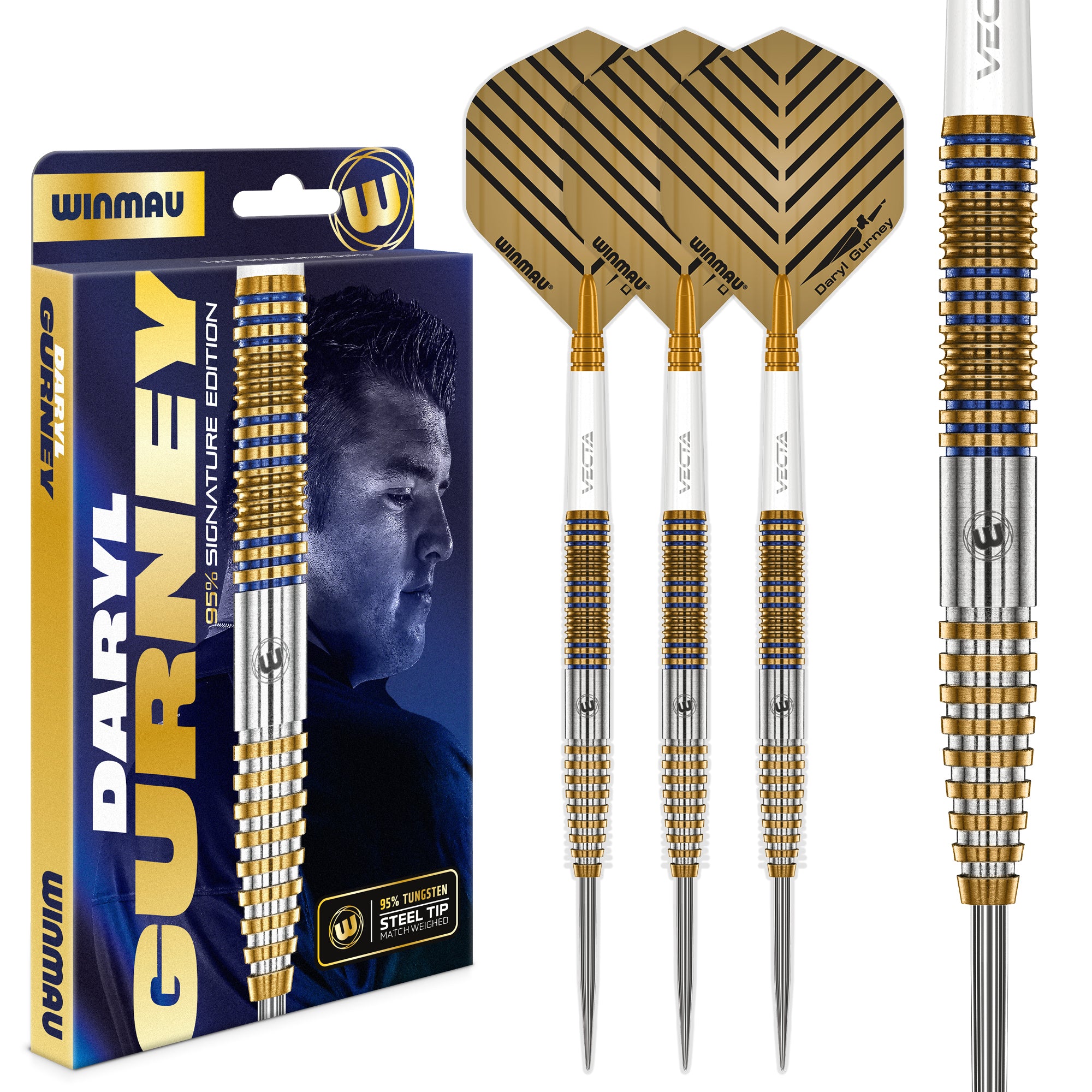 Winmau Daryl Gurney branded darts with packaging on a white background
