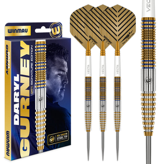 Winmau Daryl Gurney branded darts with packaging on a white background