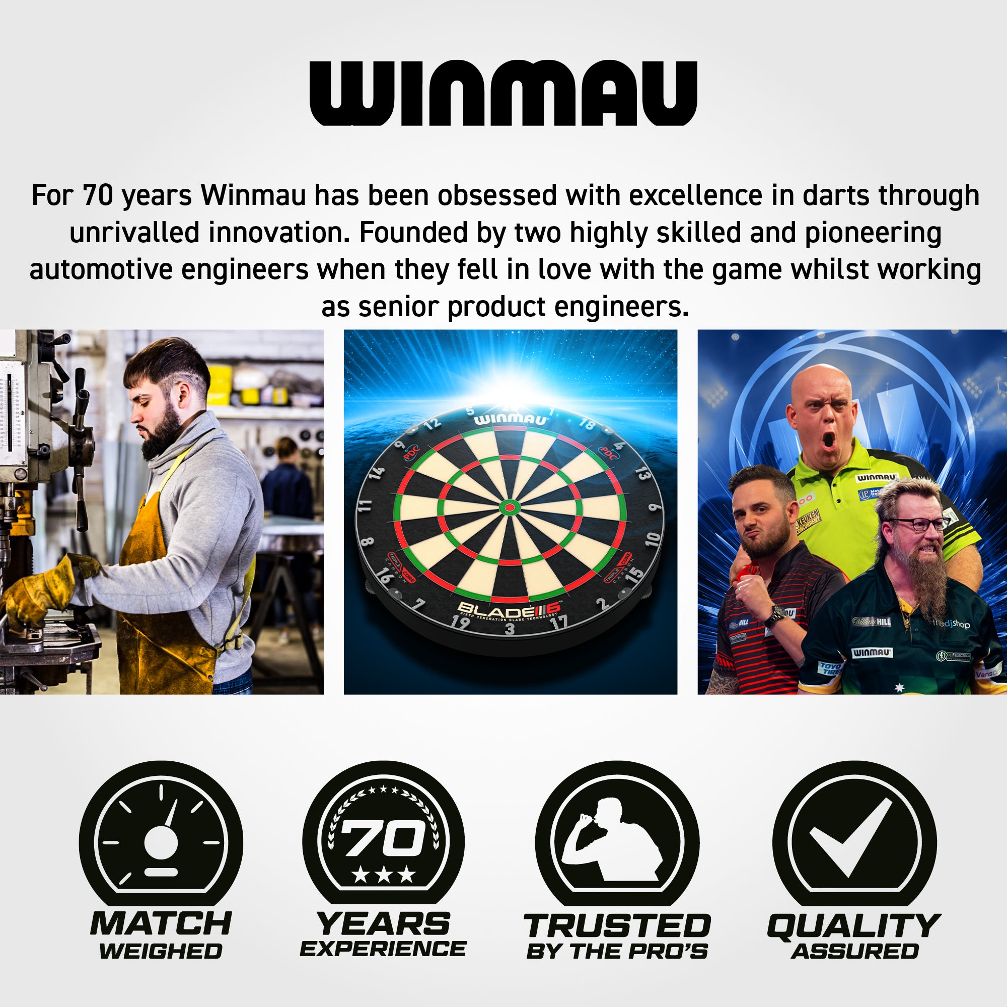 Winmau branding and product display with a dartboard and people, featuring their 70-year history and expertise in darts.