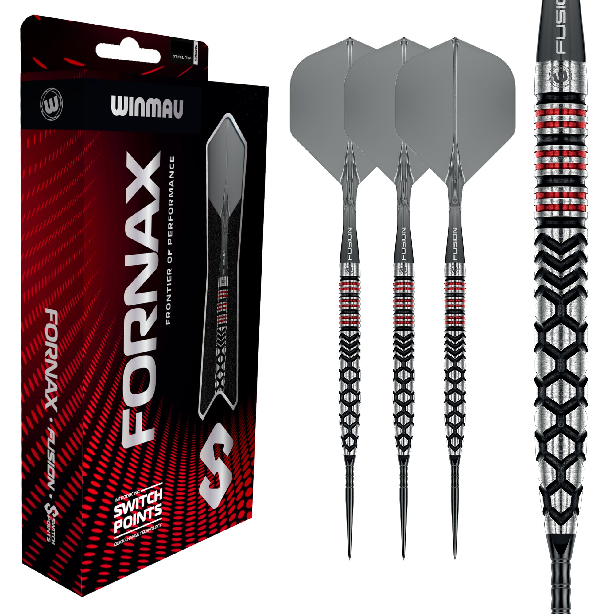 Winmau Formax darts with packaging and a single dart showing brand details.