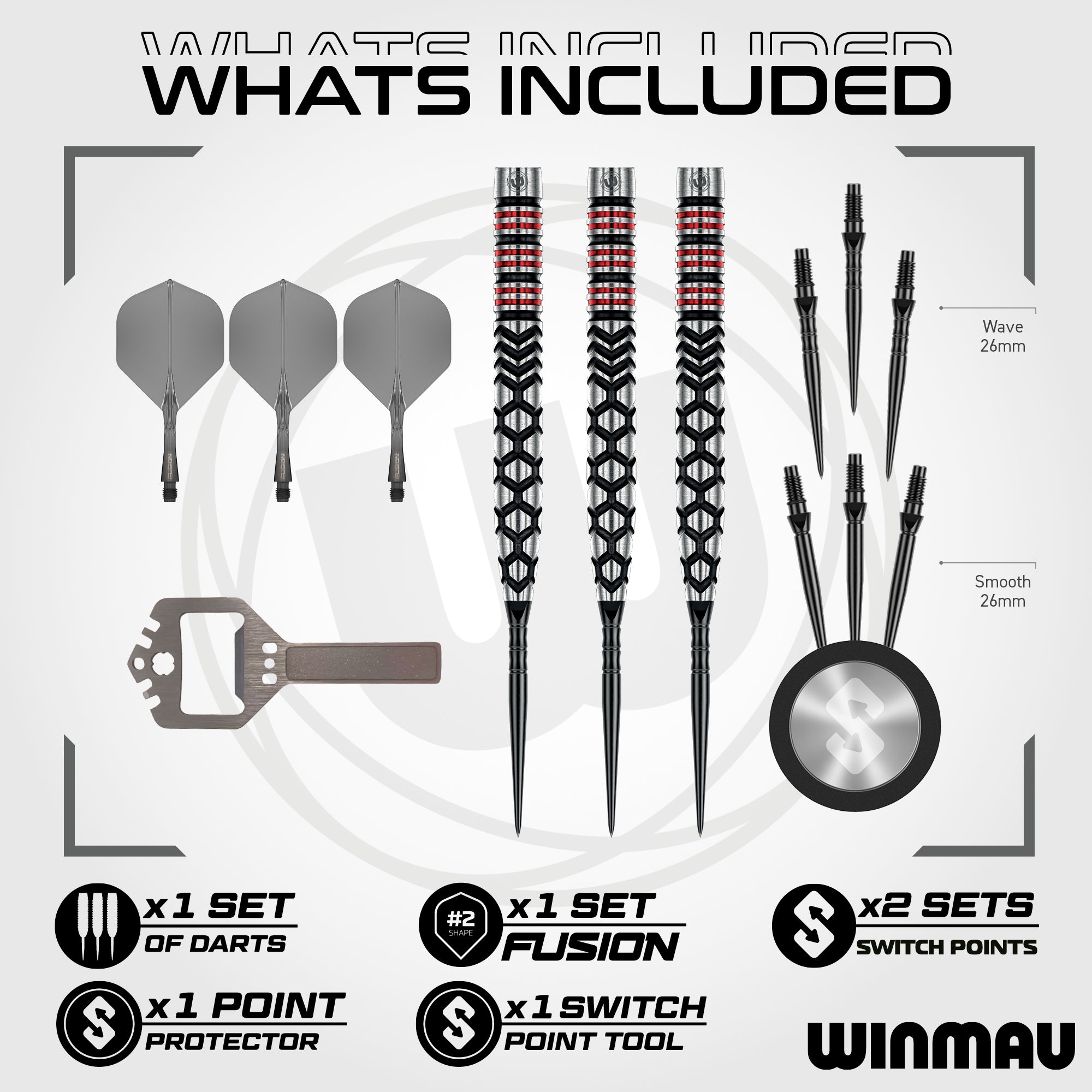 Winmau dart set with darts, point protector, and tools on a white background
