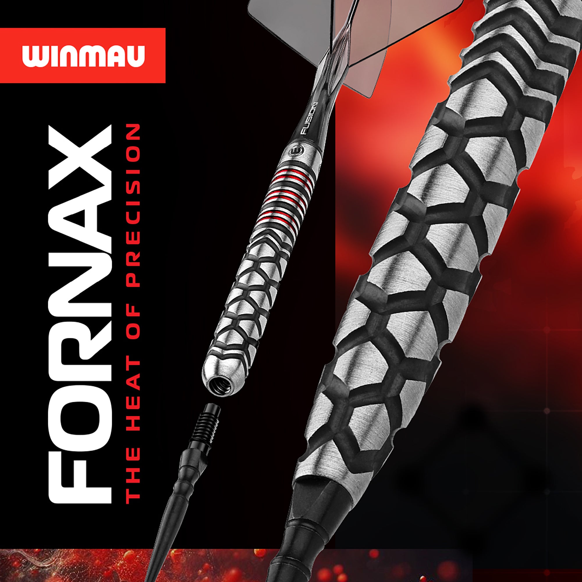 Winmau Fornax dart with intricate design on a dark background