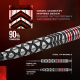 Dart shaft with cosmic geometry design and product details on a dark background