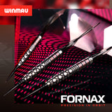 Three darts on a red and black patterned background with Winmau and Fornax branding.