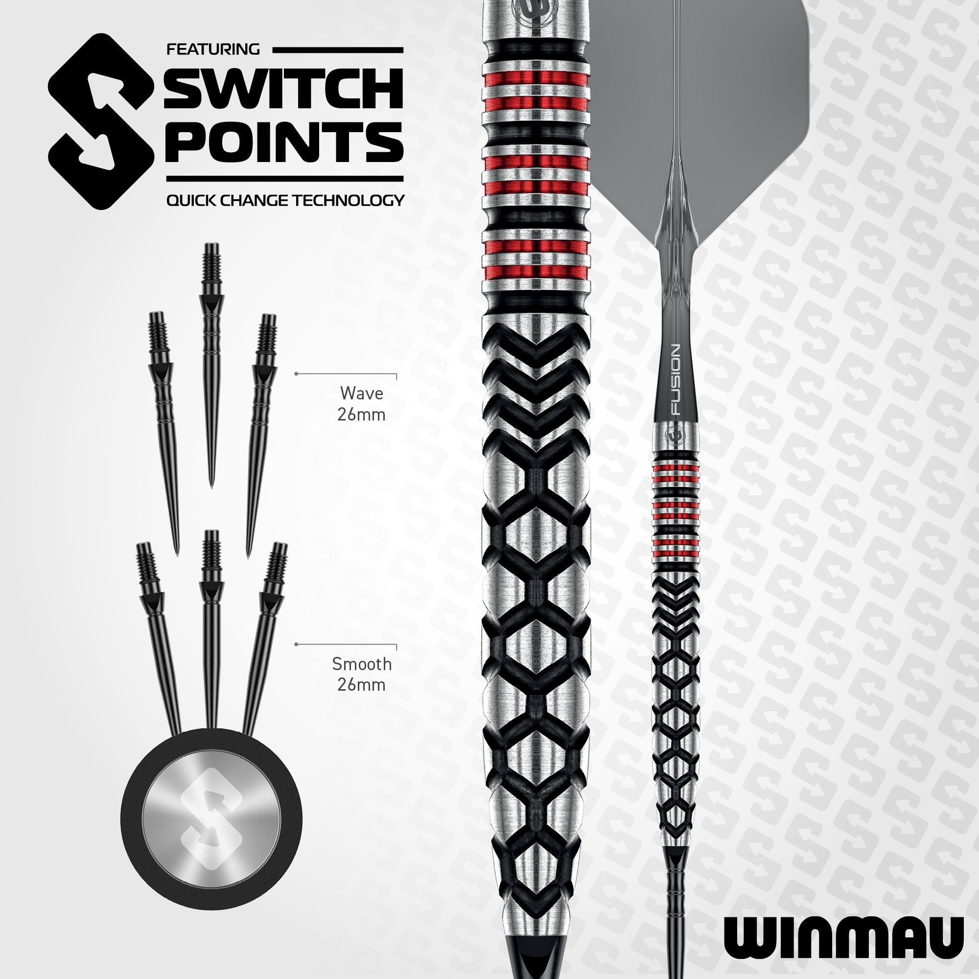 Winmau darts with switch points technology on a white background