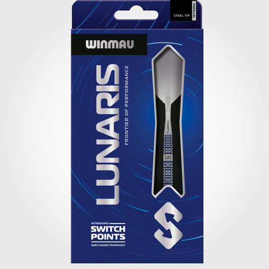 Winmau Lunaris dart packaging with blue background and dart illustration