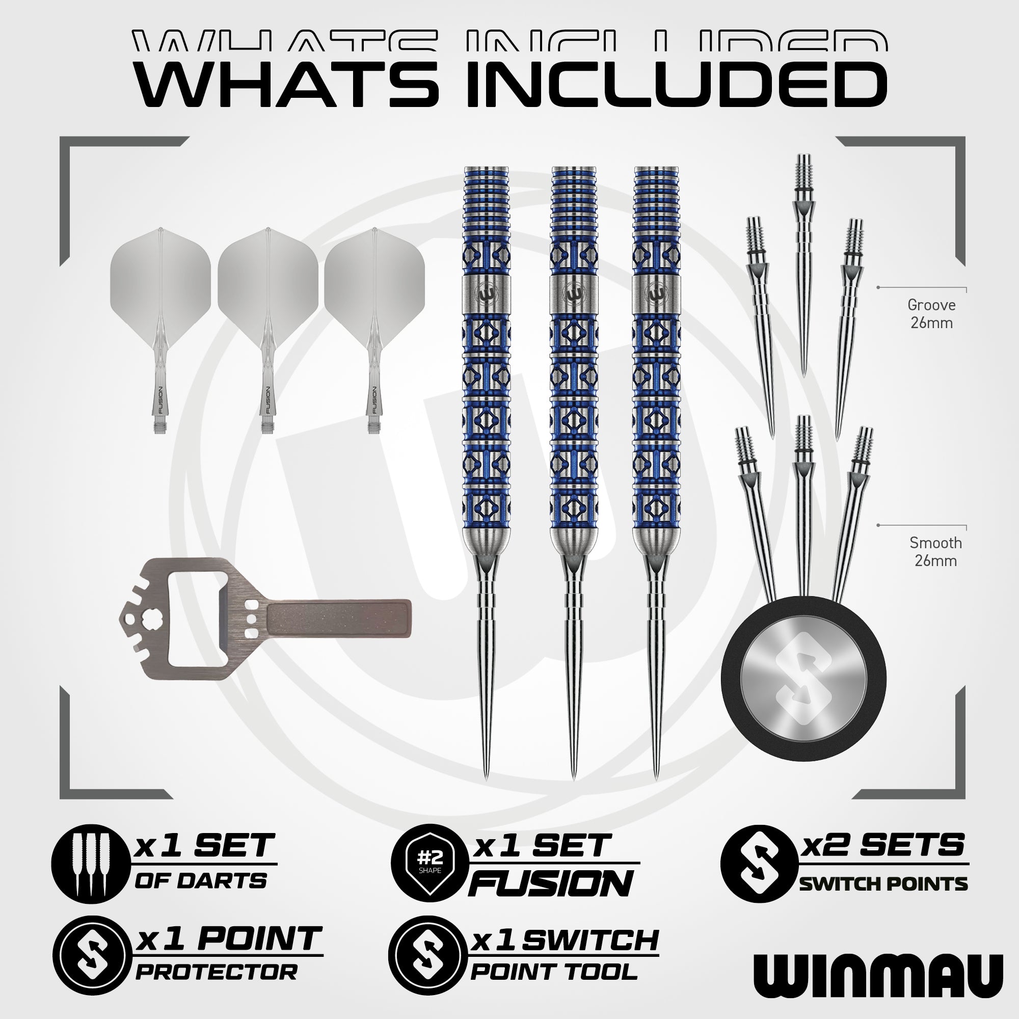Winmau dart set with darts, point protector, and tools on a white background