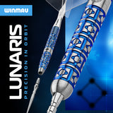 Winmau Lunaris darts with intricate blue and silver design on a blue gradient background.