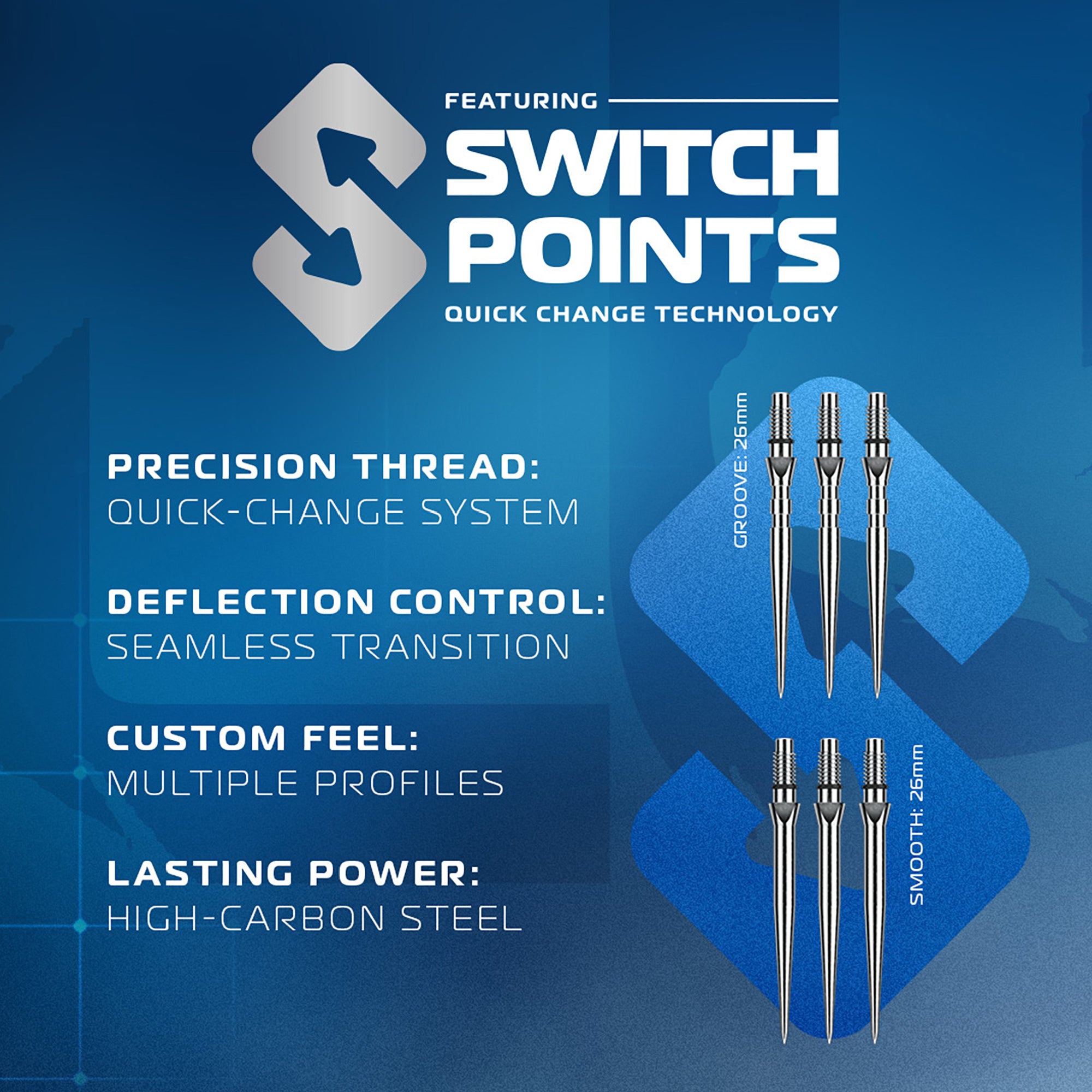 Advertisement for Switch Points dart components with product details on a blue background