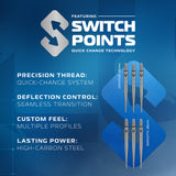 Advertisement for Switch Points dart components with product details on a blue background