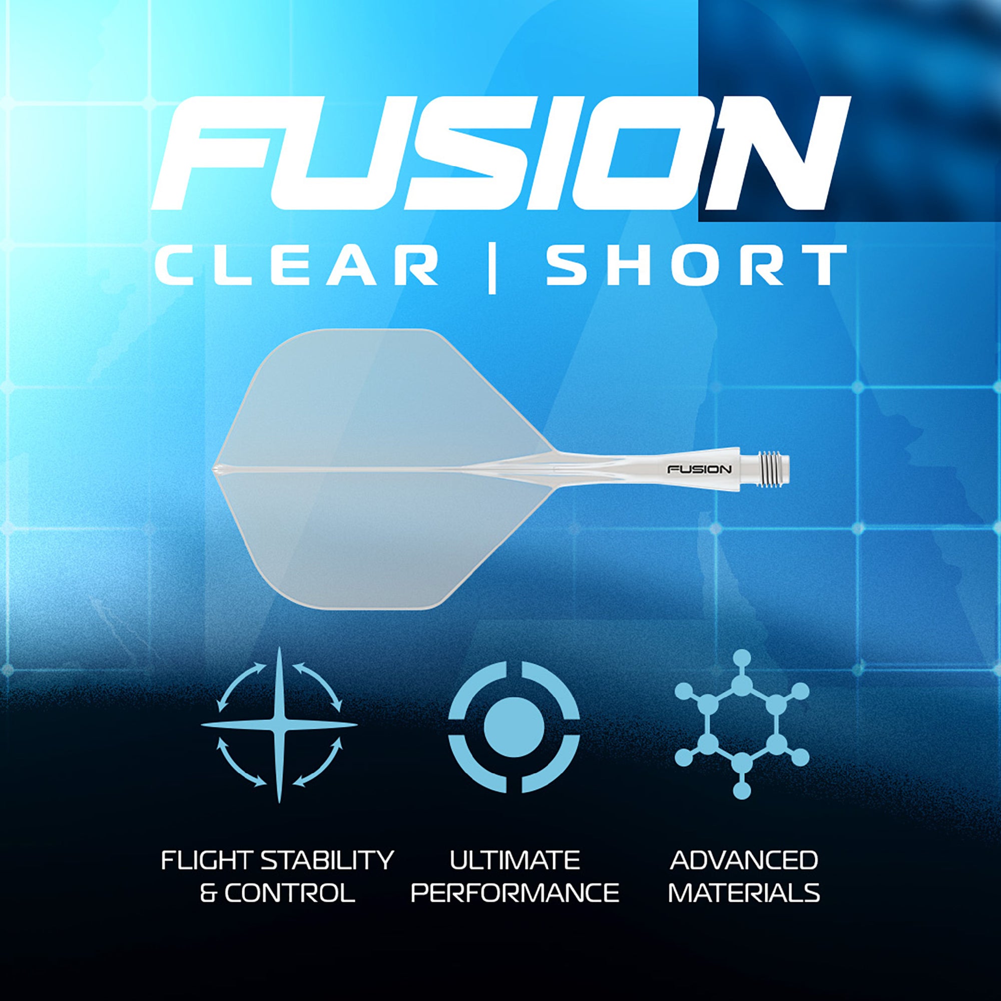 Fusion clear short dart flight with brand name and feature text on a blue background