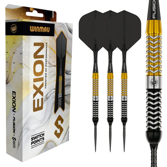 Winmau Exion darts with packaging and a close-up of the dart.