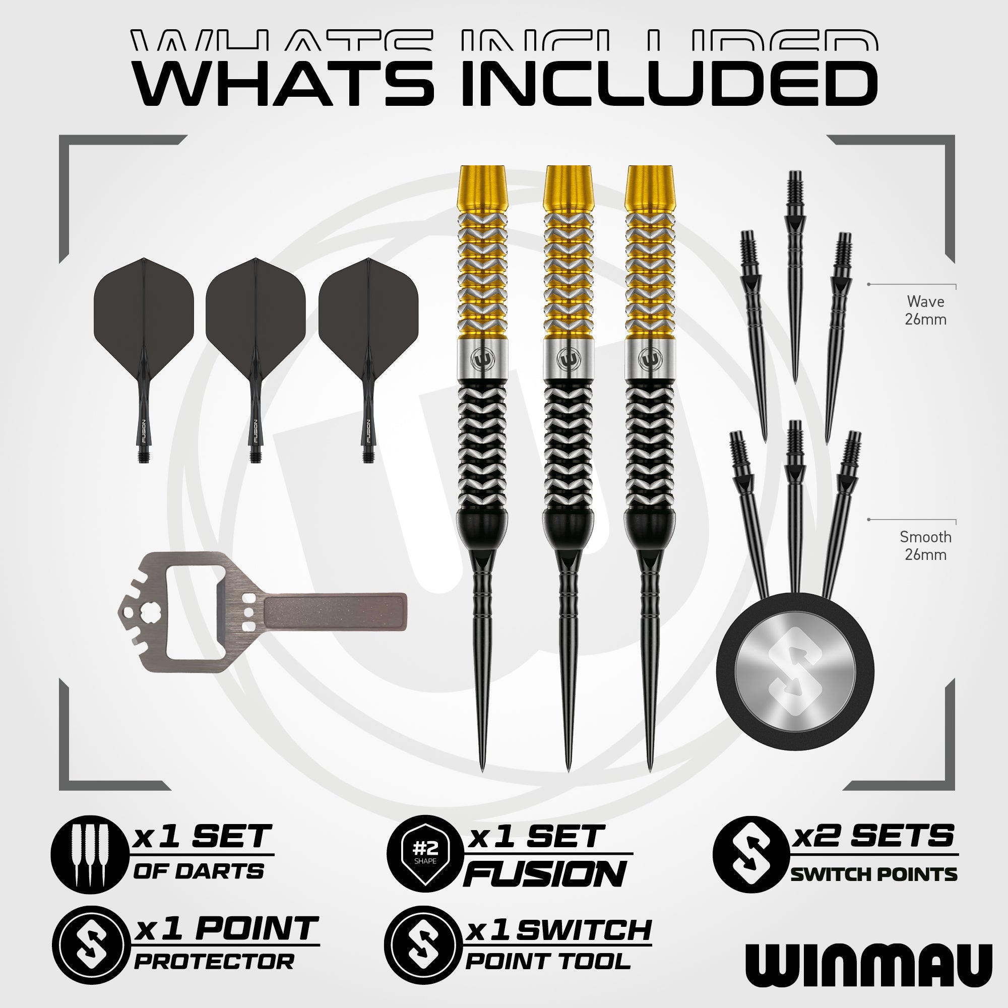 Winmau what's included dart set with darts, point protector, and tool on a white background