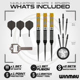 Winmau what's included dart set with darts, point protector, and tool on a white background