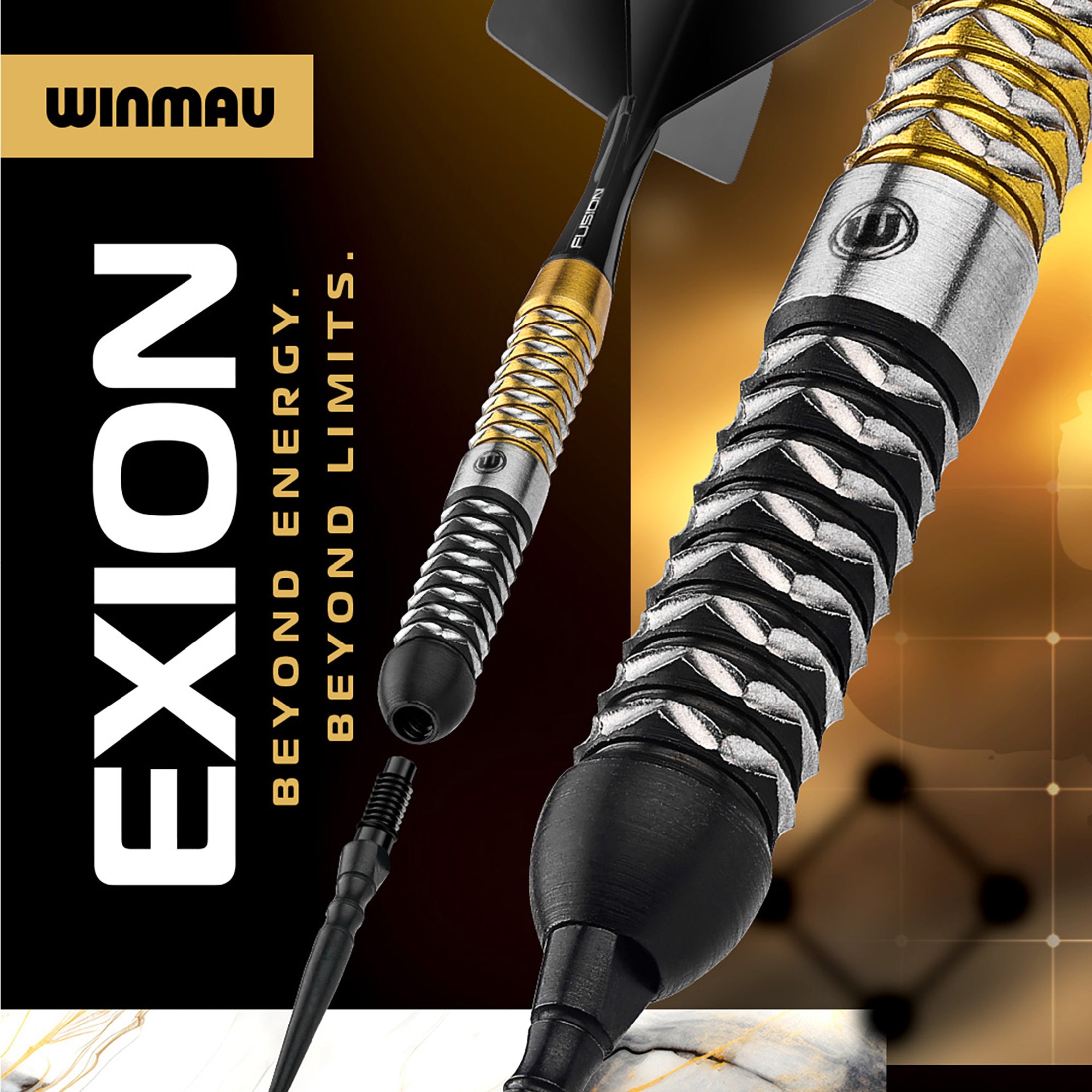 Winmau Exion darts with intricate design on a dark background