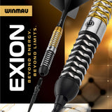 Winmau Exion darts with intricate design on a dark background