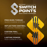 Advertisement for Switch Points dart components with features listed on a brown background.