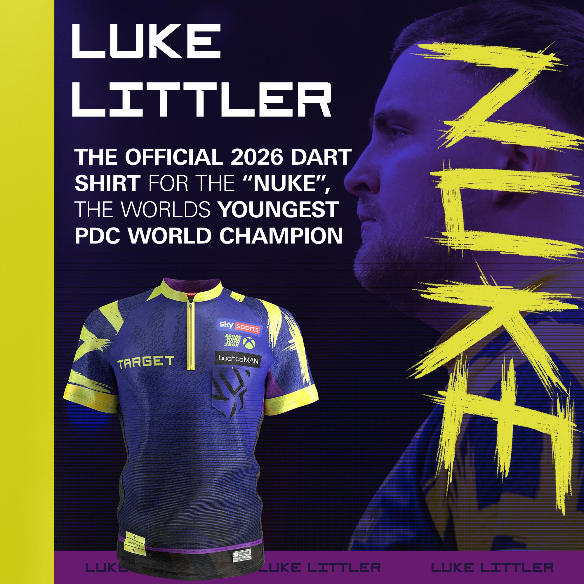 Promotional image of a dart shirt with text about Luke Littler and his achievements.