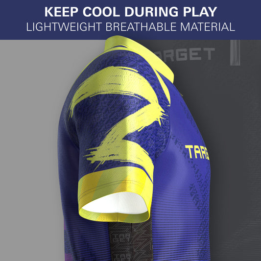 Purple and yellow sports jersey with 'Target' branding on a gray background