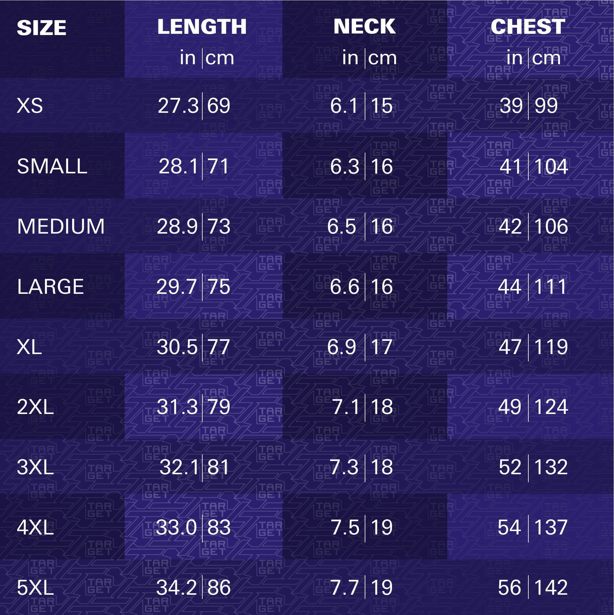 Size chart for clothing with measurements in inches and centimeters on a blue background.