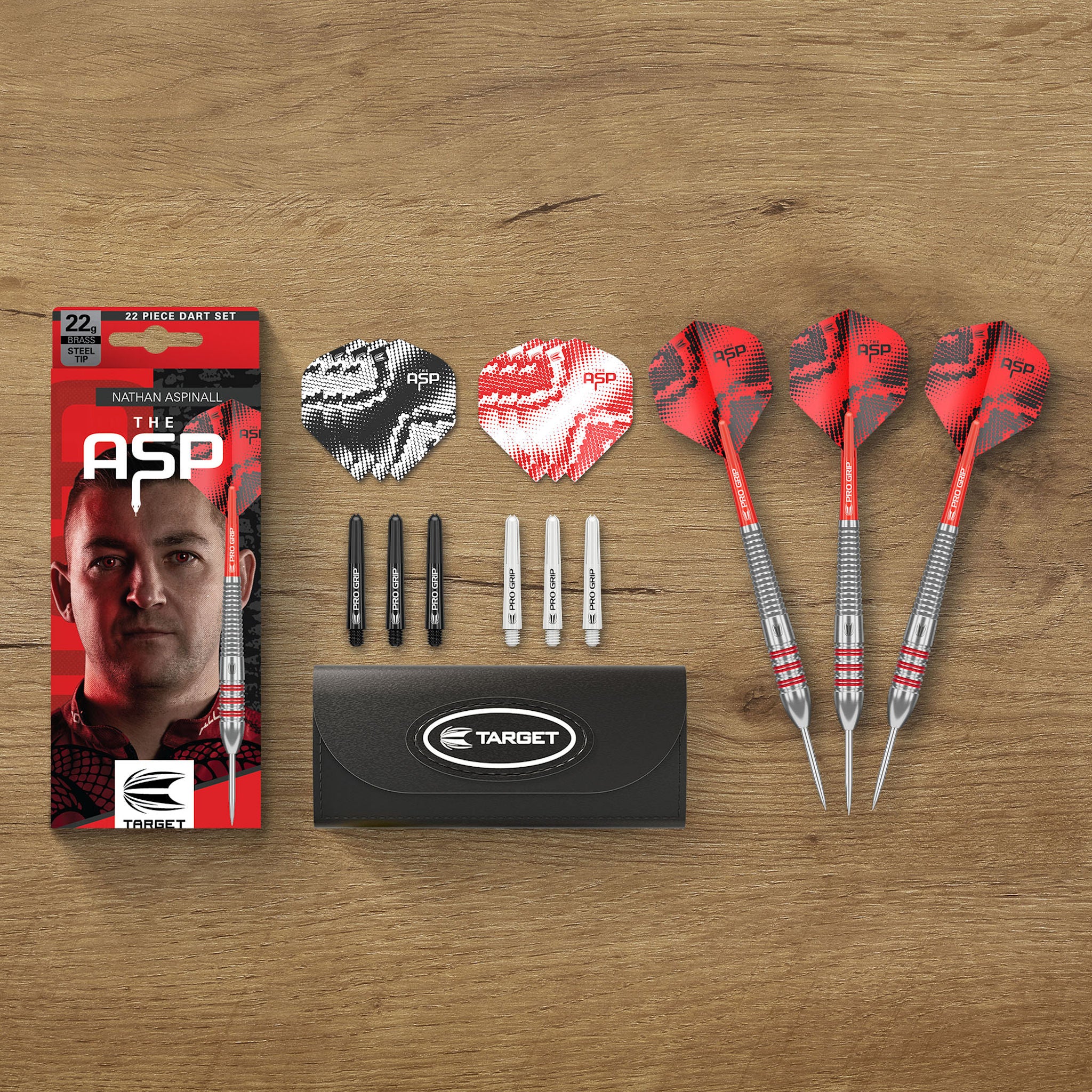 Target Darts Nathan Aspinall x ECHO 90% Tungsten Steel Tip Swiss Point Dart Set – 22G ASP Player Edition Darts, Pro Grip Shafts & Pro Ultra No.2 Flights, SP Tool inbegrepen Target Darts Nathan Aspinall x ECHO 90% Tungsten Steel Tip Swiss Point Dart Set – 22G ASP Player Edition Darts, Pro Grip Shafts & Pro Ultra No.2 Flights, SP Tool inbegrepen