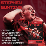 Stephen Bunting 100 piece Brass Steel Starter Set picture of him with his darts on red background.