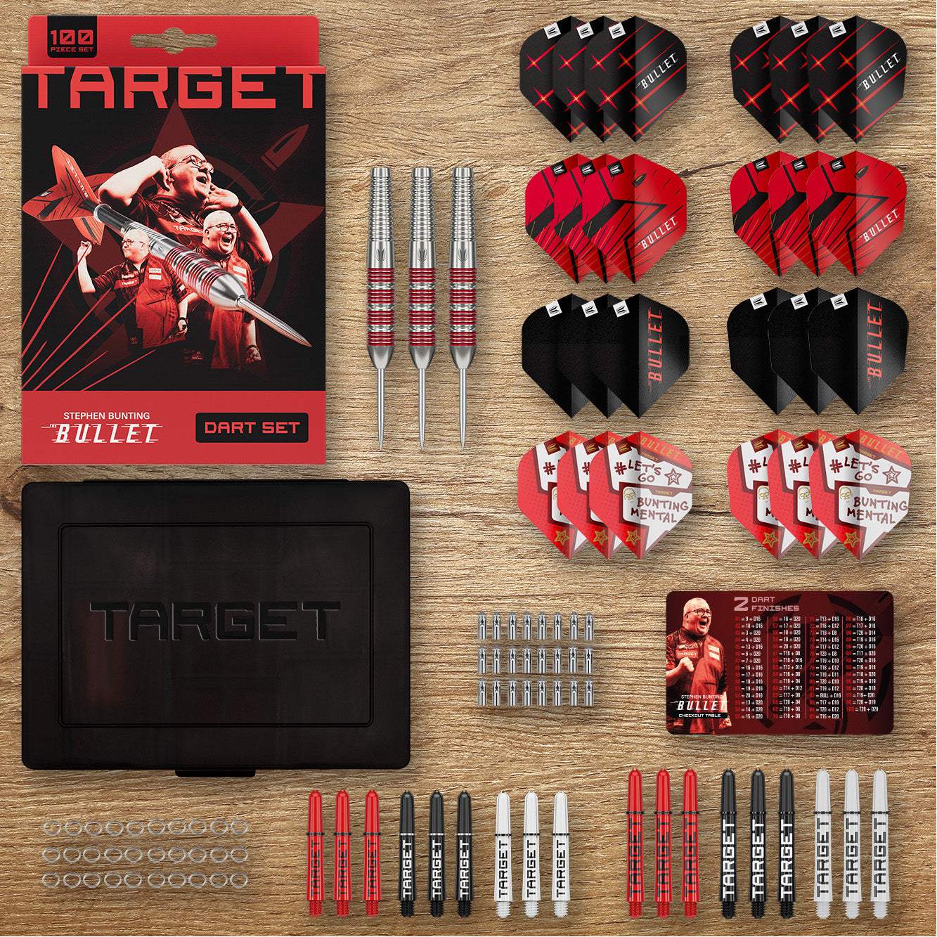 Stephen Bunting 100 piece Brass Steel Starter Set showing everything on a wood surface