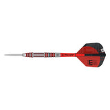 Dart featuring a silver grooved barrel, red shaft and red-and-black Hema flight, with a pointed metal tip; Hydro 90% SP Tungsten