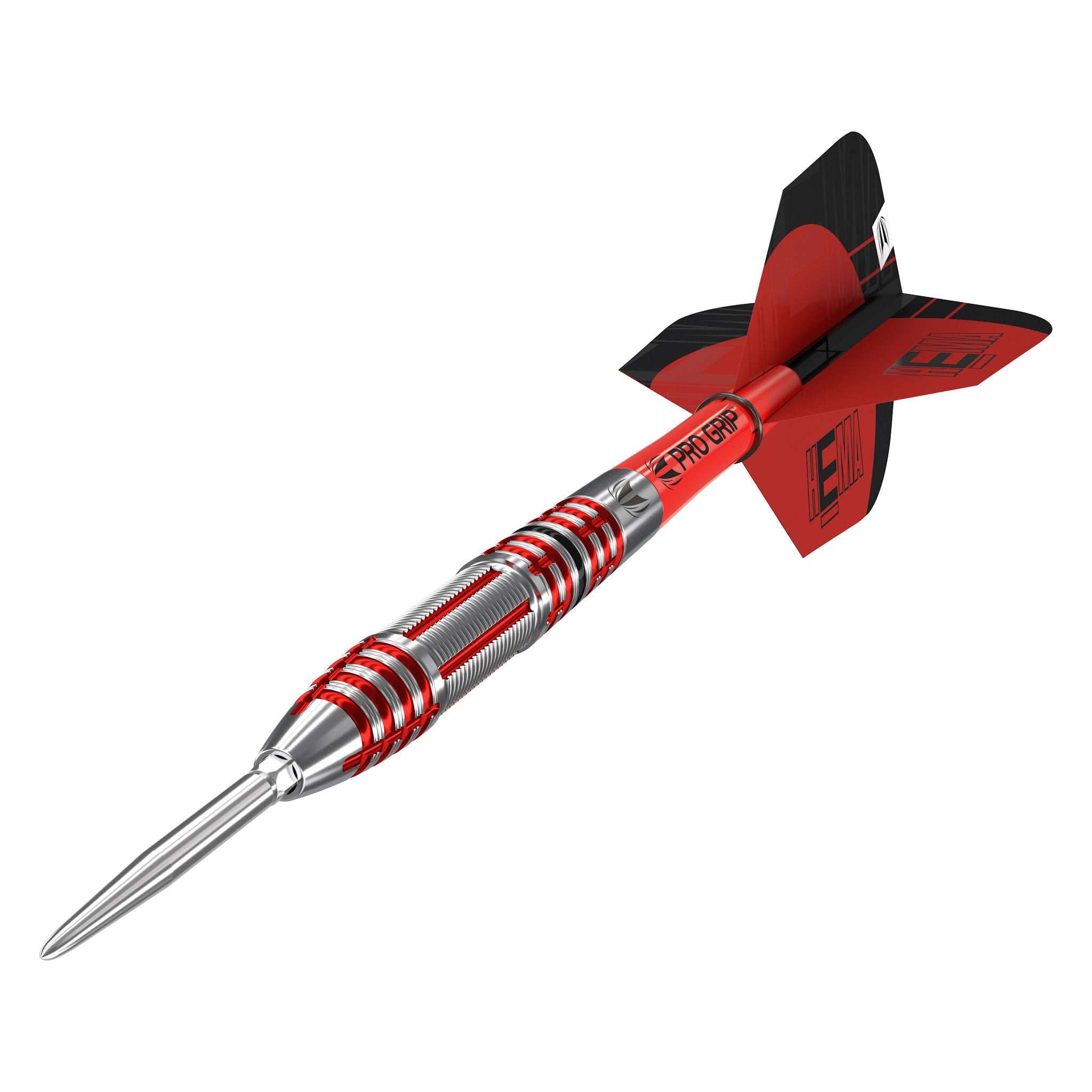 90% tungsten dart with a silver barrel, red and black ringed grip, red shaft and red-black flight; Hydro 90% SP Tungsten.