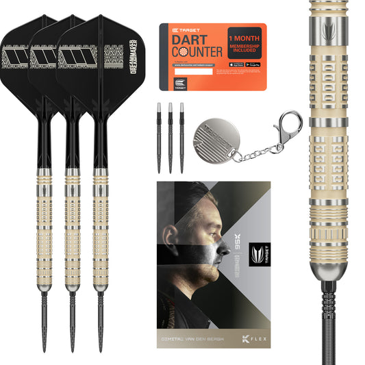 Van Den Bergh 95K G6  what's in the box Collection of darts, dart counter, and packaging on a white background