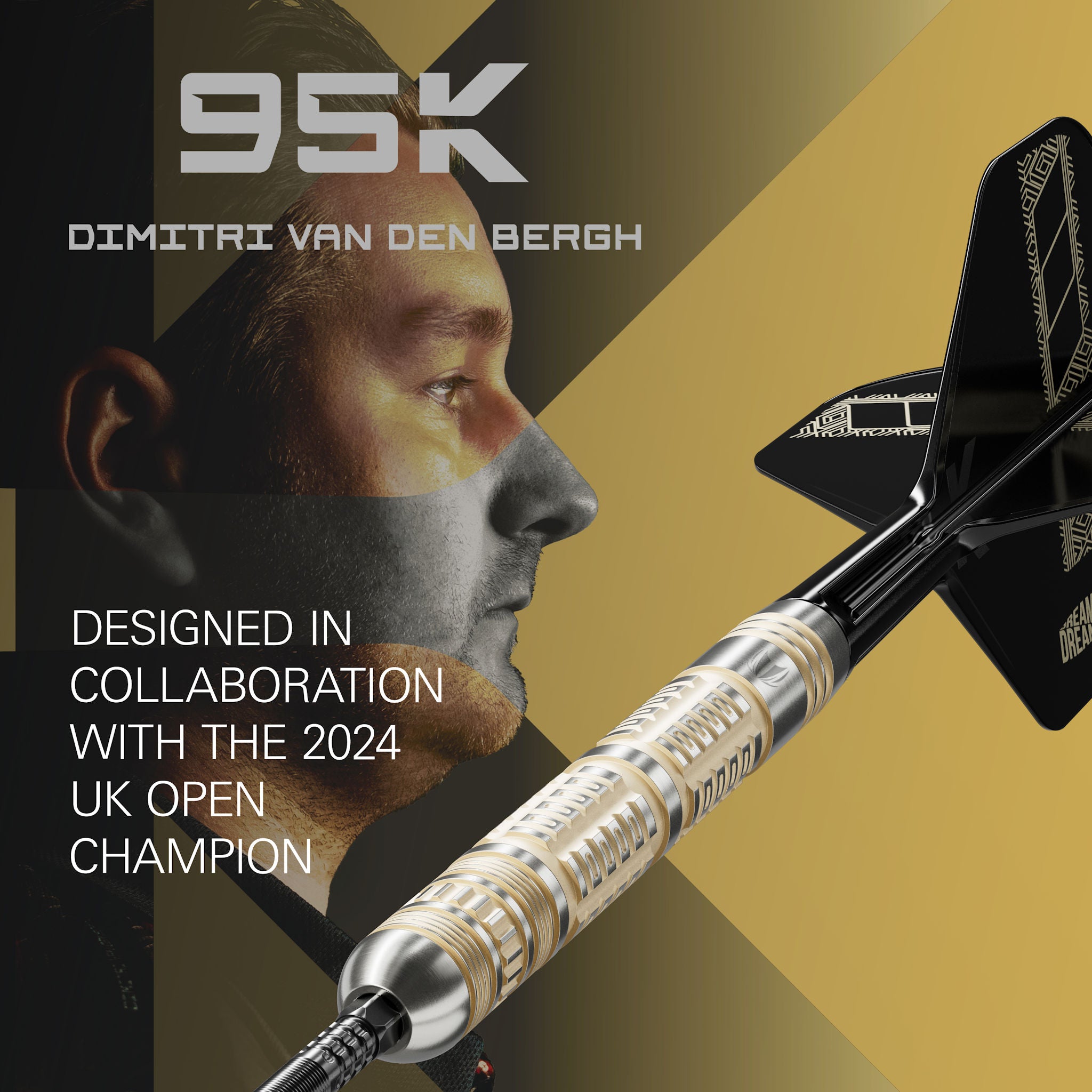 Dart with gold and black design, featuring a person's face and text about collaboration with the 2024 UK Open Champion.