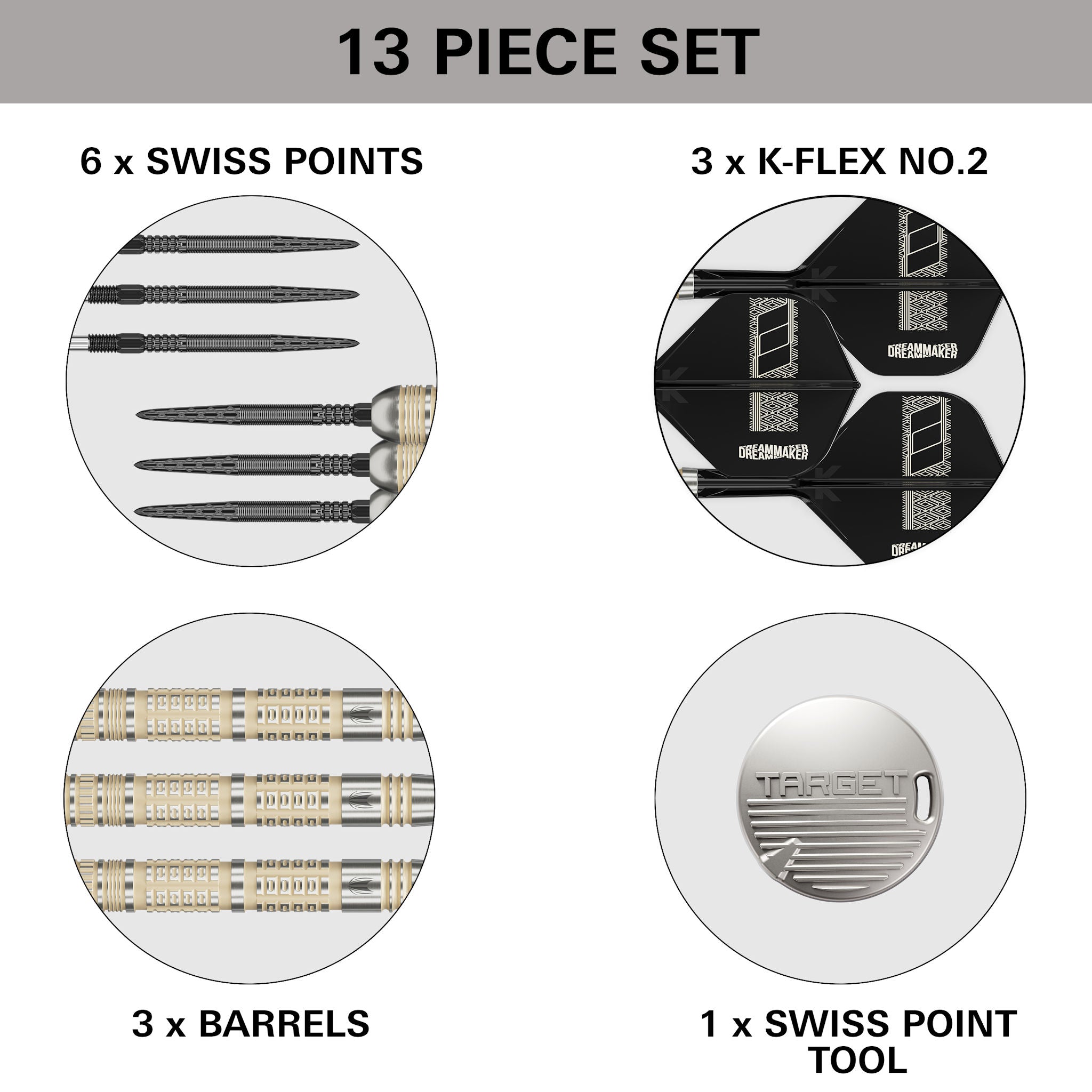 13-piece dart set with components labeled on a white background