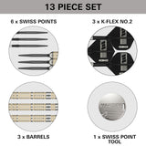 13-piece dart set with components labeled on a white background