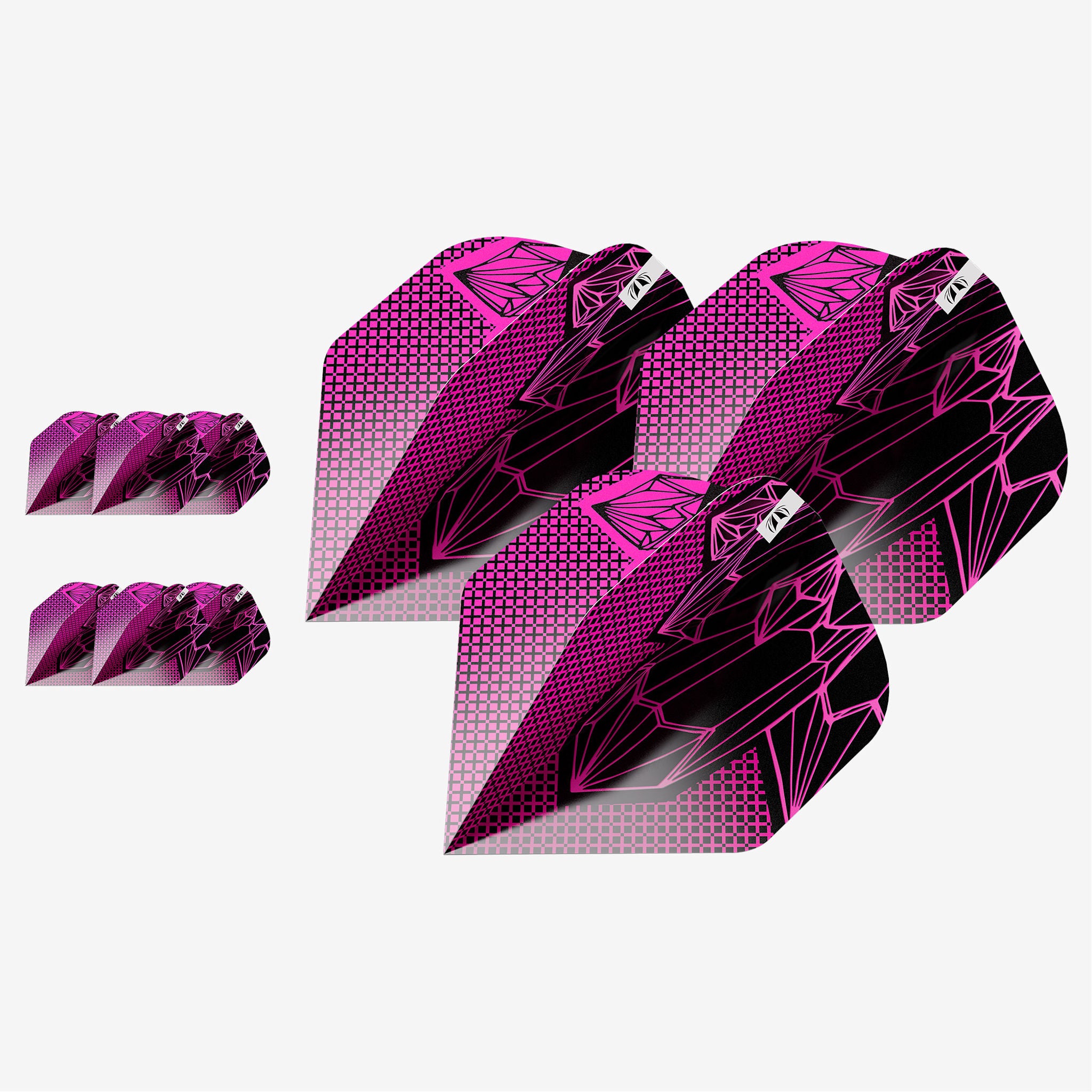 Pink and black dart flights on a white background