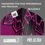 Black and pink geometric design with 'Pro.Ultra' branding and text about peak performance and precision.