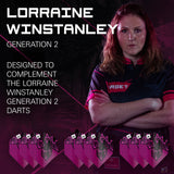 Promotional image of Lorraine Winstanley with darts packaging on a dark background