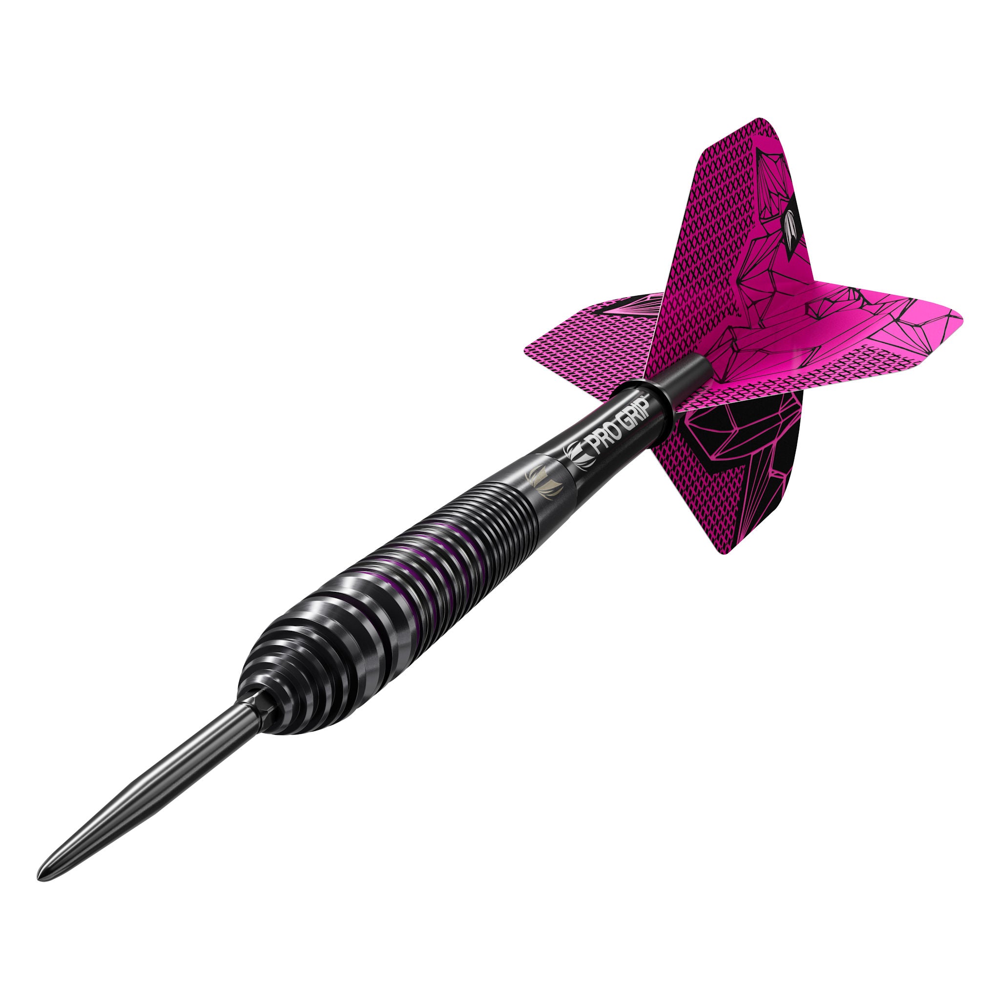 Black dart with pink and black flight on a white background