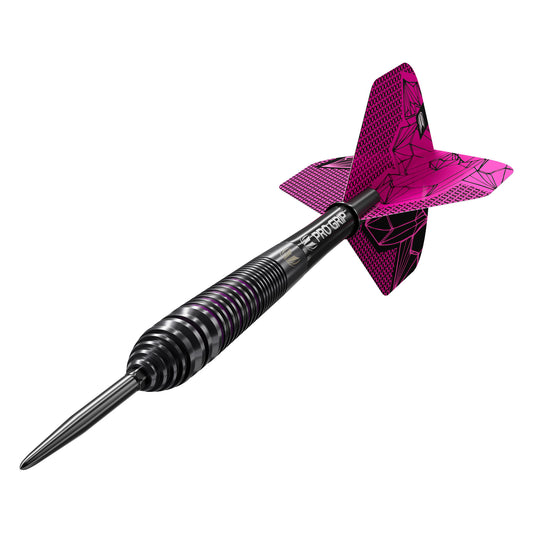 Black dart with pink and black flight on a white background