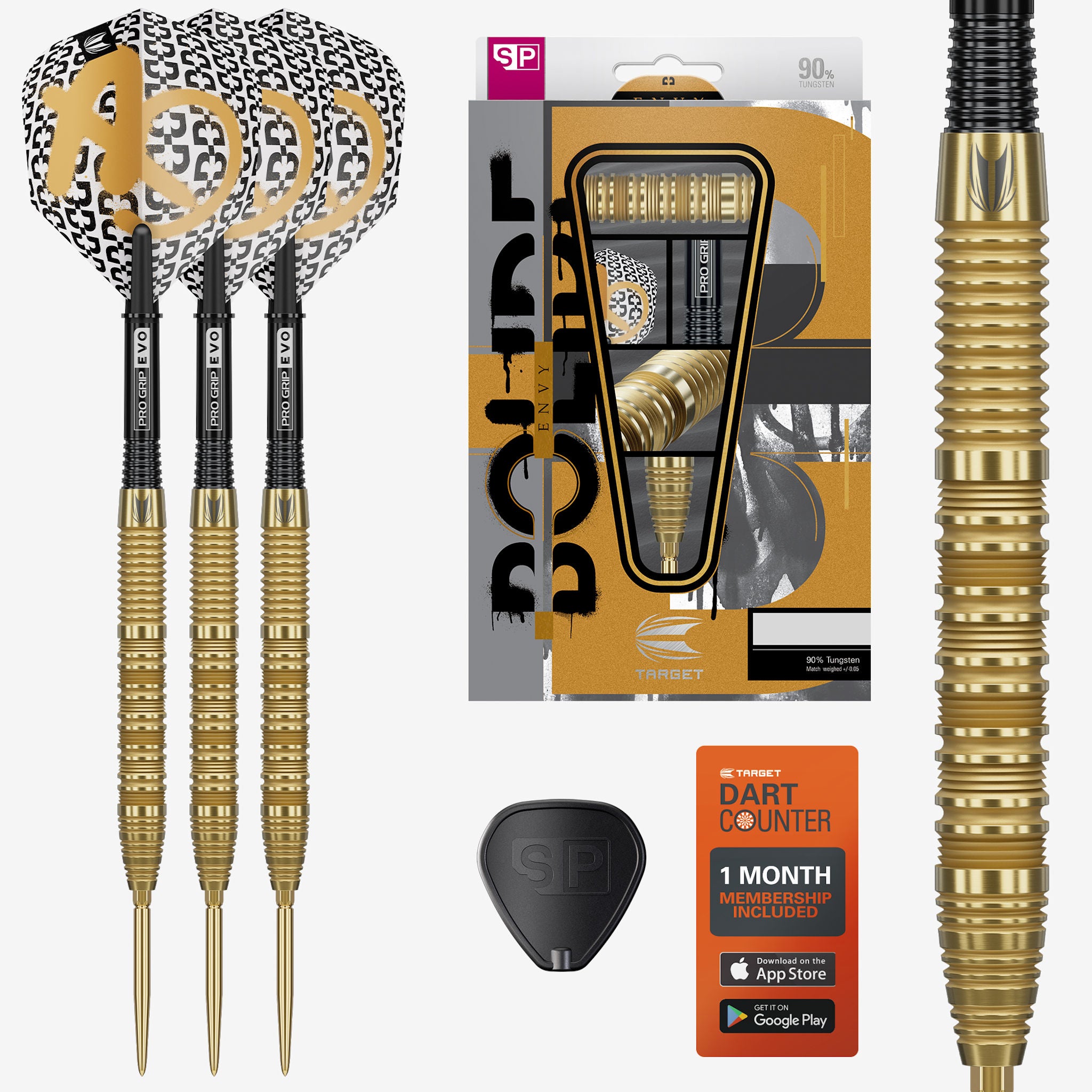 Bolide Envy 90% Tungsten darts with leopard print flight, packaging, and dart counter on a white background