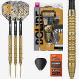 Bolide Envy 90% Tungsten darts with leopard print flight, packaging, and dart counter on a white background