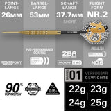 Bolide Envy 90% Tungsten Darts with specifications on a gray background